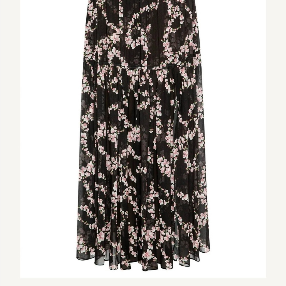 Misa Los Angeles Black Maxi Skirt with Pink Floral Print